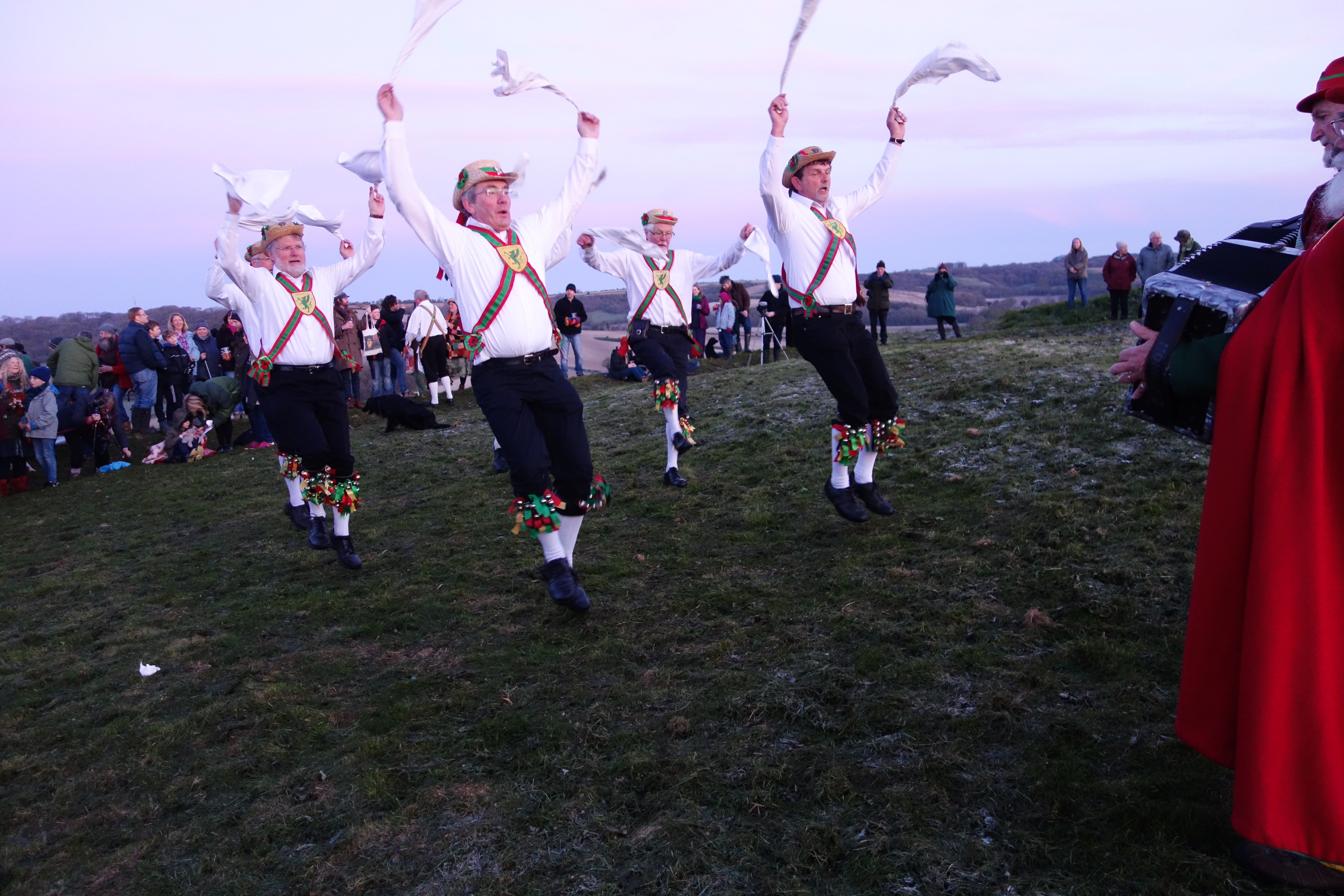 Wessex Morris Men dancing on the Trendle, above the Giant's head, May morning sunrise 2016.